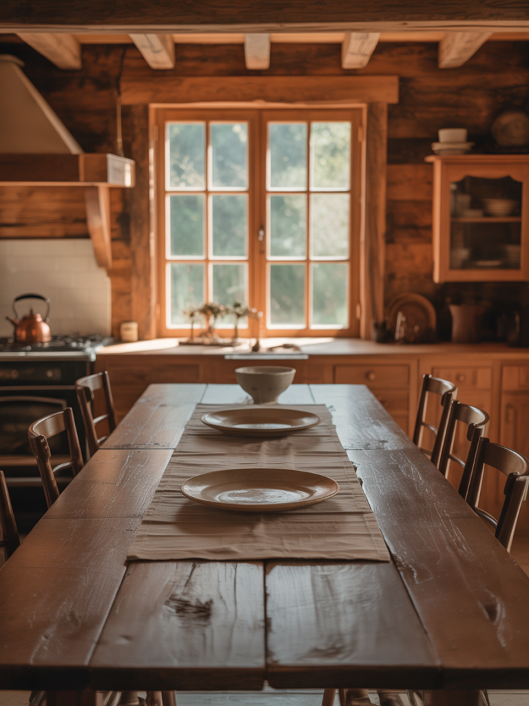 Wood-dominated rustic kitchen with large dining table
