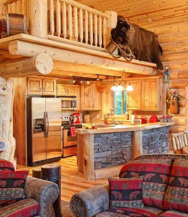 Modern appliances inside a traditional log cabin rustic kitche