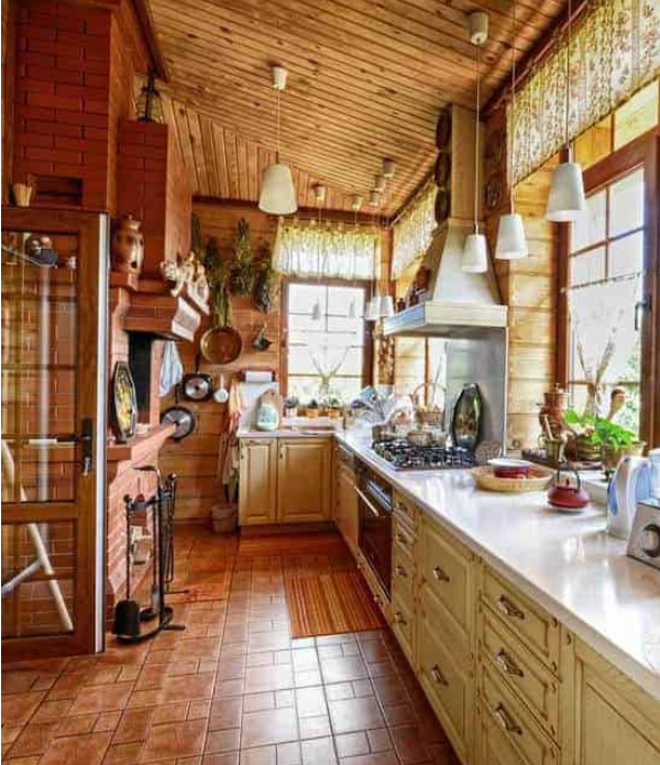 Large high-ceiling kitchen in a country house