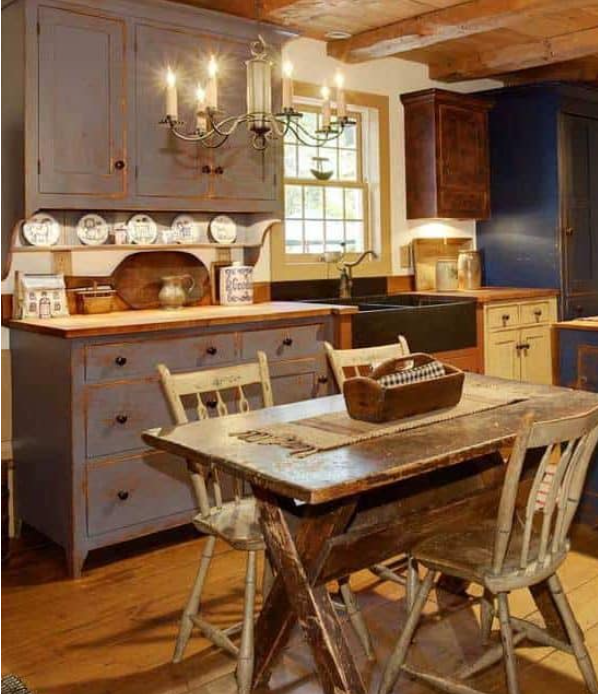 18th-century colonial style kitchen with antique materials