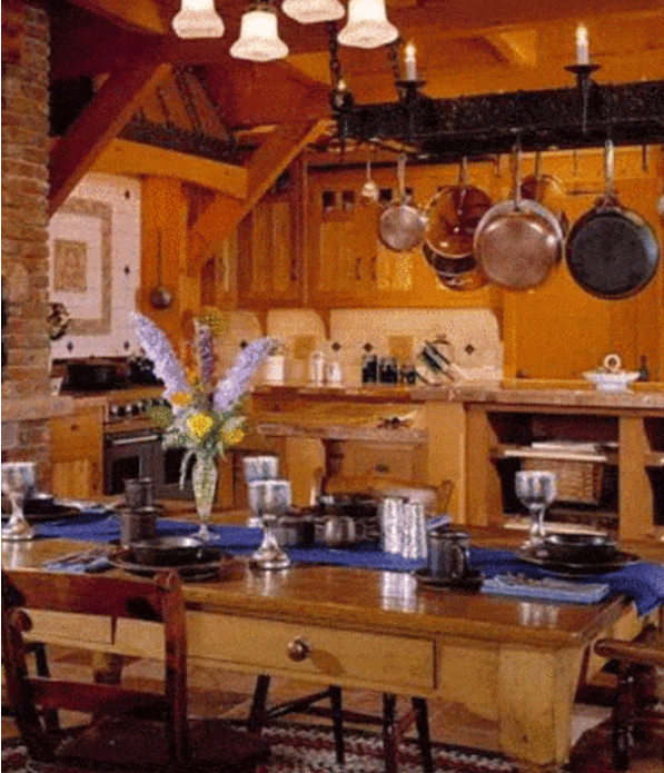 Wood cabin style rustic kitchen with stone furnace